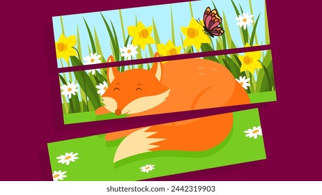Cute fox on a background of spring flowers. Vector illustration.