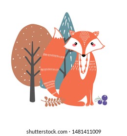 Cute fox on a background of trees. Hand drawn illustration in scandinavian style.