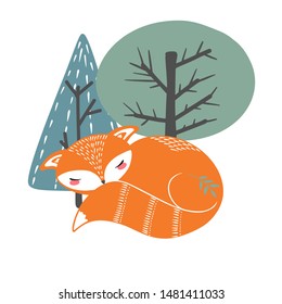 Cute fox on a background of trees. Hand drawn illustration in scandinavian style.