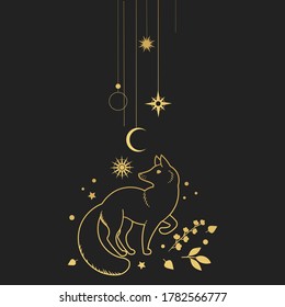 Cute fox on black background. Vector illustration