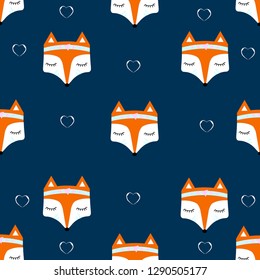 Cute fox on a blue background. Colorful seamless pattern with face animals