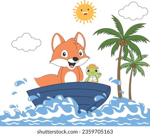 cute fox on the boat, cute tittle turtle, cute summer graphic