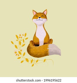 cute fox on branch ornament icon,character vector illustration. Vintage,outline,engraving, sketch,story book isolated on yellow pale background.
