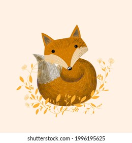 cute fox on branch ornament icon,character vector illustration. Vintage,outline,engraving, sketch,story book isolated on yellow pale background.