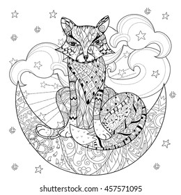 Cute fox on christmas half moon with stars . Hand drawn doodle zen art.Adult anti stress coloring book or tattoo boho style.