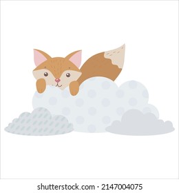 Cute fox on the cloud. The red fox hides among the clouds. Balloons and airship. Children's illustration, Cute print, vector. Isolated on a white background.