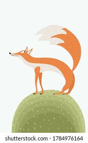 Cute fox on the green, vector illustration