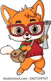 Cute fox on his way to school of illustration