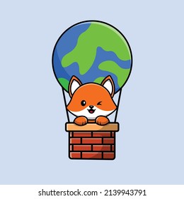 Cute Fox On Hot Air Balloon Cartoon Vector Icon Illustration. Animal Transportation Icon Concept Isolated Premium Vector. Flat Cartoon Style