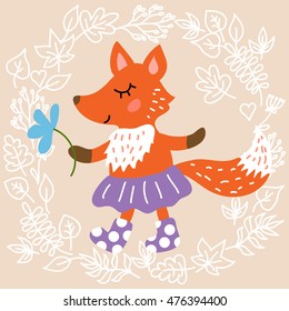 Cute fox on leaves background vector illustration