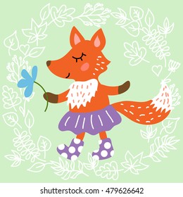 Cute fox on leaves background vector illustration