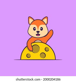 Cute fox is on the moon. Animal cartoon concept isolated. Can used for t-shirt, greeting card, invitation card or mascot.