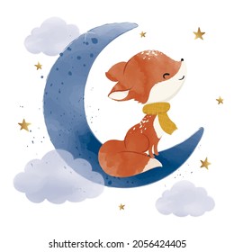 Cute fox on the moon with shiny stars, watercolor vector illustration, animal nursery illustration for children, graphic for wallpaper. cards.