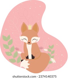 cute fox on a pink background with plants