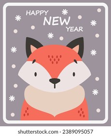 Cute fox on purple snow background. Cartoon winter poster. Vector postcard.