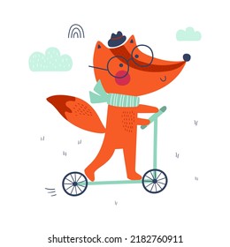 Cute fox on a scooter. Kids print. Vector illustrations