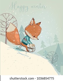 Cute fox on sleigh