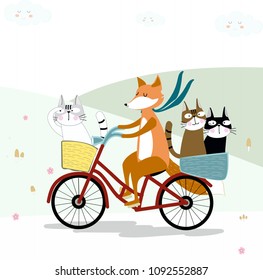 Cute fox on the sweet bicycle with kitty cat cartoon,illustration vector by freehand doodle comic botanical art