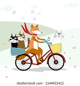 Cute fox on the sweet bicycle with kitty cat cartoon,illustration vector by freehand doodle comic art