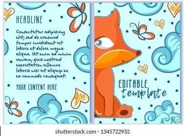 Cute fox on  template for invitation, baby shower, banner with text. Childish sweet style, hand drawn, doodle flat concept. Layout of greeting card,  certificate, banner with space for text.