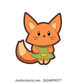 Cute fox on white background. Character design in clothes. Fox cartoon flat illustration. Kid graphics. Kawaii. Vector.