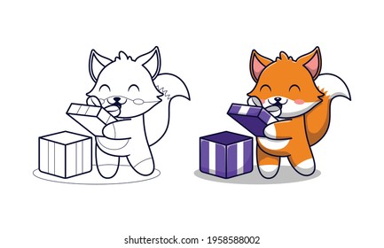 Cute fox opens gift box cartoon coloring pages