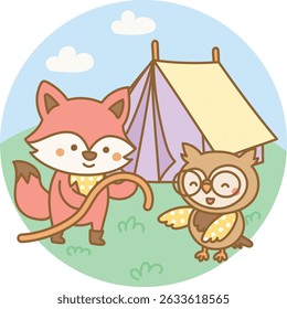 Cute fox and owl cooperating to pitch a tent in a summer camp setting, enjoying teamwork in a fun learning activity outdoors