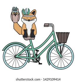 cute fox and owl with feathers hat in bicycle bohemian style
