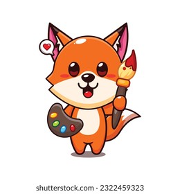 cute fox painter cartoon vector illustration.