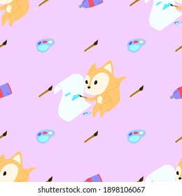 cute fox is painting seamless pattern