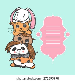 cute fox, panda, owl, cat and bunny lie on each other 
