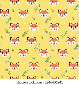 Cute fox pattern, animal face print. Autumn kid, winter forest baby print, pretty geo woodland, kawaii wildlife person. Decor textile, wrapping paper, wallpaper. Vector seamless tidy background