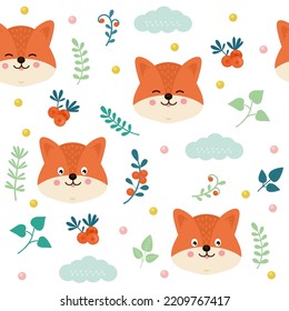 Cute fox pattern. Autumn animal print. Winter kids head. Forest mammal muzzle. Baby doodle background. Geo child design. Leaves and berries. Woodland creatures. Vector seamless texture