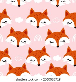 Cute fox pattern design with Fox heads and clouds on rose background - funny hand drawn doodle, seamless pattern. Background or t-shirt textile graphic design. Wallpaper, wrapping paper, bedsheets.