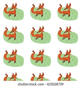Cute fox pattern with grass and flowers on white background