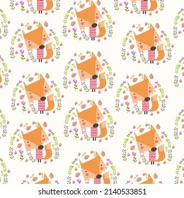 cute fox pattern with leaves and flowers . Awesome background in bright colors in vector