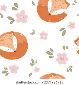 Cute fox pattern. Seamless background with funny baby animal. Repeating print with lovely character.