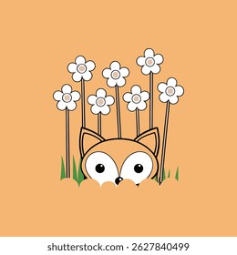 Cute fox peeking behind flowers cartoon illustration on light orange background