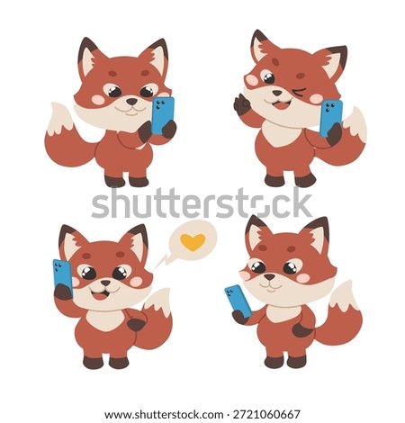 A cute fox with a phone. The character uses the device for communication. The fox chats, talks, scrolls, takes pictures, and watches videos.