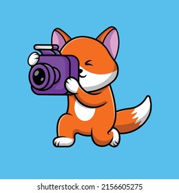 Cute Fox Photographer Cartoon Vector Icon Illustration. Animal Profession Icon Concept Isolated Premium Vector.