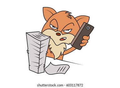 Cute Fox with a pile of papers in front of him and talking angrily on the phone. Vector Illustration. Isolated on white background.