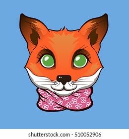 Cute fox in a pink scarf with green eyes.Vector illustration
