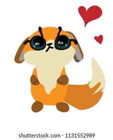 Cute Fox with plaintive big eyes on white background.Vector illustration.Hearts and cartoon animals.