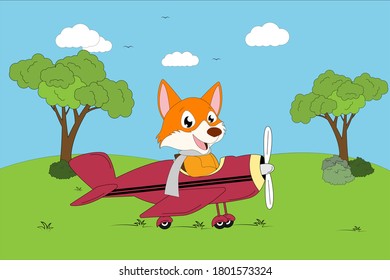 cute fox in the plane simple vector illustration