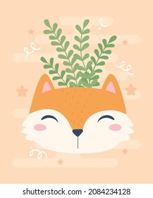 cute fox and plants cartoon