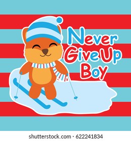 Cute Fox play ski on striped background vector cartoon, Baby shower postcard, wallpaper, and greeting card, T-shirt design for kids vector illustration
