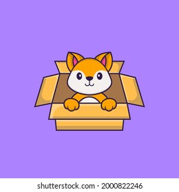 Cute fox Playing In Box. Animal cartoon concept isolated. Can used for t-shirt, greeting card, invitation card or mascot.