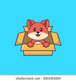 Cute fox Playing In Box. Animal cartoon concept isolated. Can used for t-shirt, greeting card, invitation card or mascot.