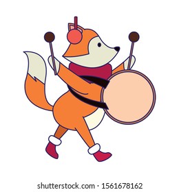 cute fox playing a drum icon over white background, vector illustration