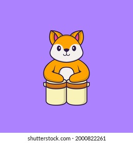 Cute fox is playing drums. Animal cartoon concept isolated. Can used for t-shirt, greeting card, invitation card or mascot.